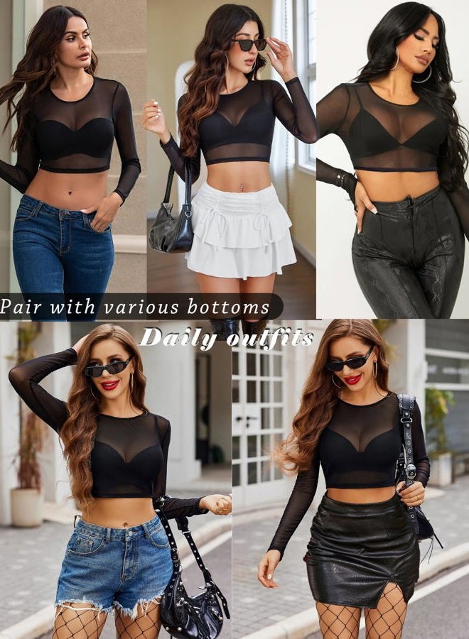 Avidlove بلوزة نسائية قصيرة الأكمام من الشبك بأكمام طويلة شفافة بلوزة شفافة بتصميم دائري للنوادي S-4XL، أكمام طويلة-أسود، XL - Image 5