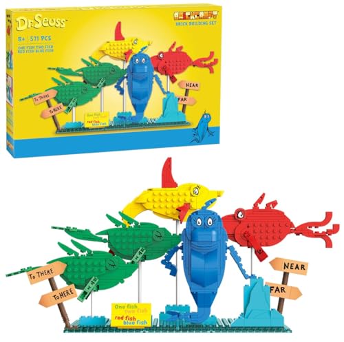 Brickcraft Officially Licensed Dr Seuss One Fish Two Fish Red Fish Blue Fish with Fish Figures and Signage Included 571 Pieces Multicolored Brick Building Set - Image 1
