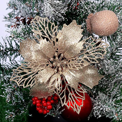 GL-Turelifes 12 Pieces 6.3 Glitter Christmas Flowers Champagne Poinsettia Artificial Flower Christmas Tree Flowers Wreath Tree Ornaments with 12 Pcs Green Flower Stem - Image 2
