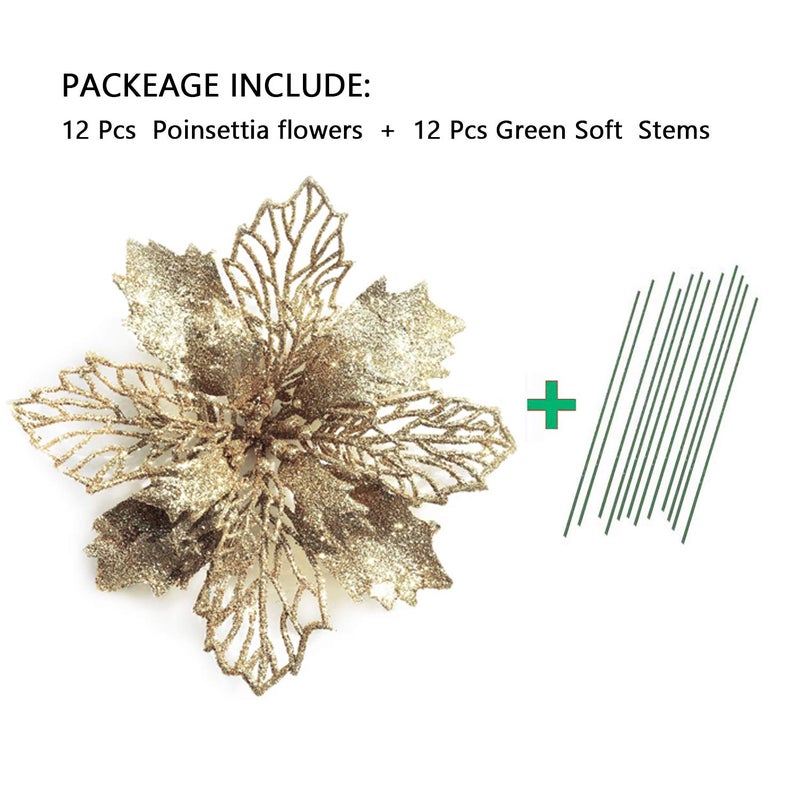 GL-Turelifes 12 Pieces 6.3 Glitter Christmas Flowers Champagne Poinsettia Artificial Flower Christmas Tree Flowers Wreath Tree Ornaments with 12 Pcs Green Flower Stem - Image 3