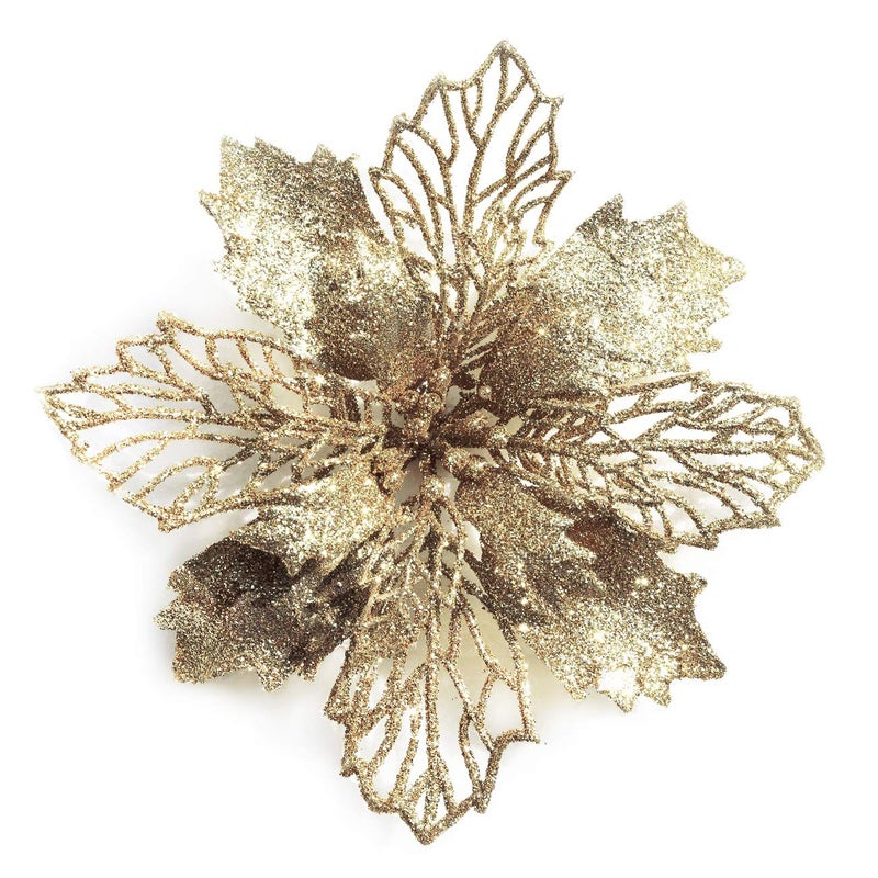 GL-Turelifes 12 Pieces 6.3 Glitter Christmas Flowers Champagne Poinsettia Artificial Flower Christmas Tree Flowers Wreath Tree Ornaments with 12 Pcs Green Flower Stem - Image 1