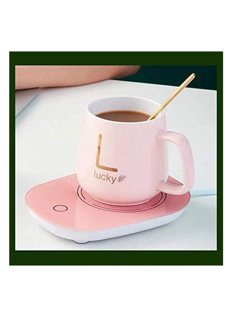 Lucky سخان أكواب القهوة للمكتب، سخان أكواب كهربائي للمشروبات للحفاظ على الكاكاو والشاي والماء والحليب دافئ، كوب وملعقة (وردي) - Image 1