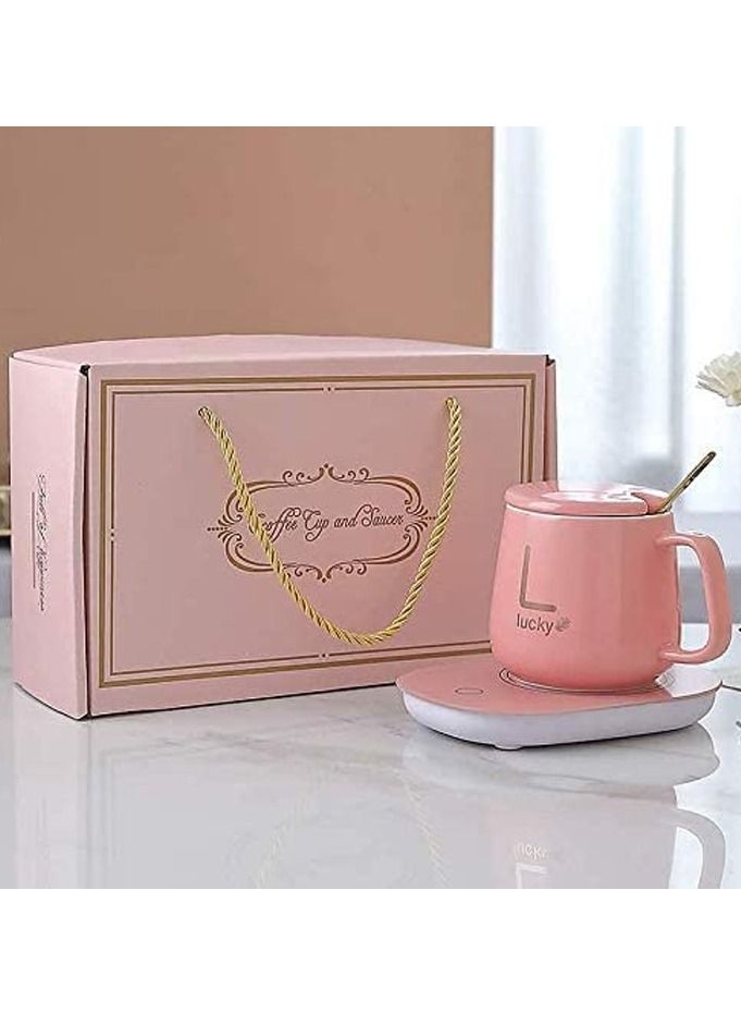 Lucky سخان أكواب القهوة للمكتب، سخان أكواب كهربائي للمشروبات للحفاظ على الكاكاو والشاي والماء والحليب دافئ، كوب وملعقة (وردي) - Image 3