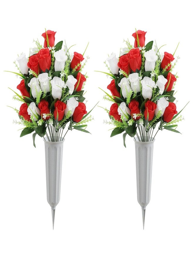 يو آرت لاينز زهور اصطناعية للمقابر من يو آرتلاينز، قطعتان، زهور ورود حريرية تذكارية، زهور خارجية للمقابر، تنسيقات زهور للمقابر في المزهريات (أحمر وأبيض) - Image 1