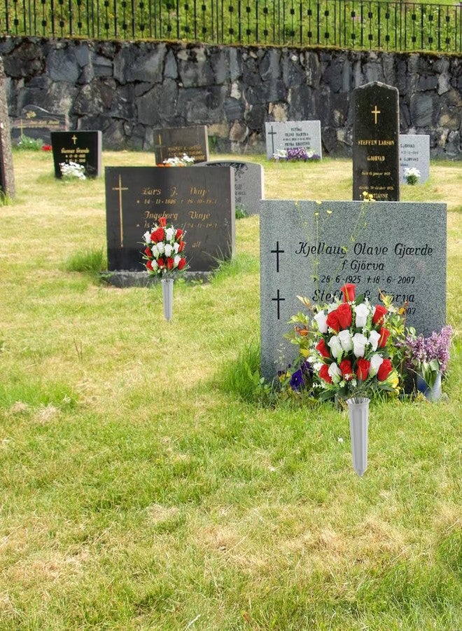 يو آرت لاينز زهور اصطناعية للمقابر من يو آرتلاينز، قطعتان، زهور ورود حريرية تذكارية، زهور خارجية للمقابر، تنسيقات زهور للمقابر في المزهريات (أحمر وأبيض) - Image 2