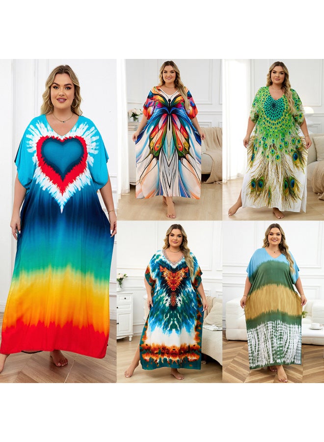2025 European And American Cotton Positioning Printed Beach Blouse Middle East Robe Loose Bikini Blouse Cross-border-Color:Dn1334-14 Color Stripes-  - Image 2