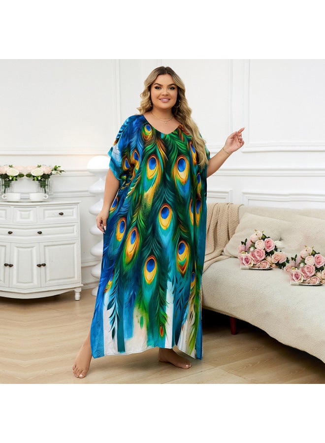 2025 European And American Cotton Positioning Printed Beach Blouse Middle East Robe Loose Bikini Blouse Cross-border-Color:Dn1334-14 Color Stripes-  - Image 3
