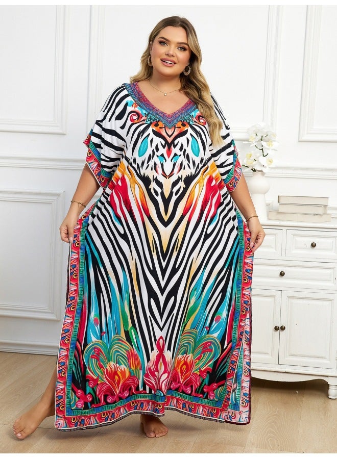 2025 European And American Cotton Positioning Printed Beach Blouse Middle East Robe Loose Bikini Blouse Cross-border-Color:Dn1334-14 Color Stripes-  - Image 1