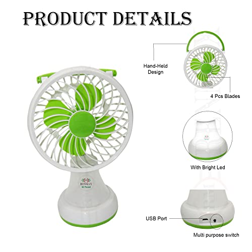 RENMAX Rechargeable Mini Table Fan for Kitchen, Small Personal USB Powered Fan Portable high speed Multicolor Plastic - 1Pc (8405 with LED) - Image 2