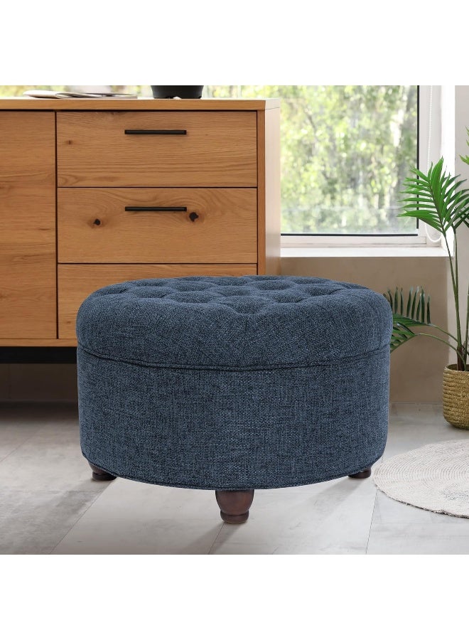 Homepop Home Decor | Large Button Tufted Woven Round Storage Ottoman | Ottoman with Storage for Living Room & Bedroom (Navy Woven) - Image 2