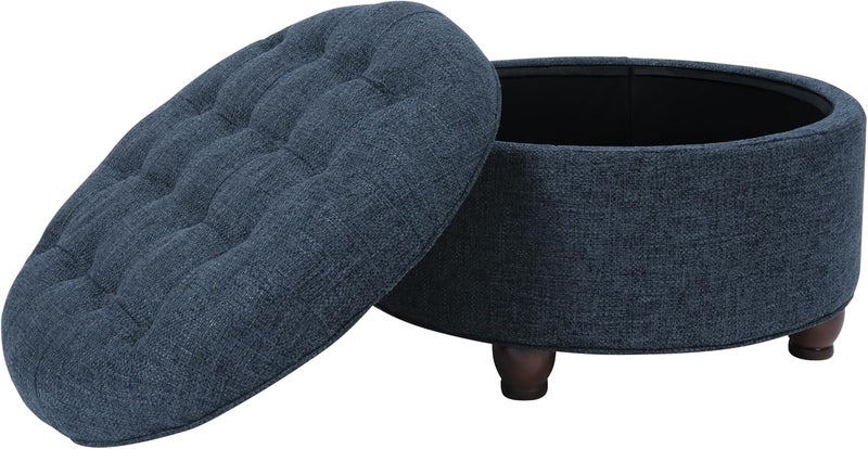 Homepop Home Decor | Large Button Tufted Woven Round Storage Ottoman | Ottoman with Storage for Living Room & Bedroom (Navy Woven) - Image 5