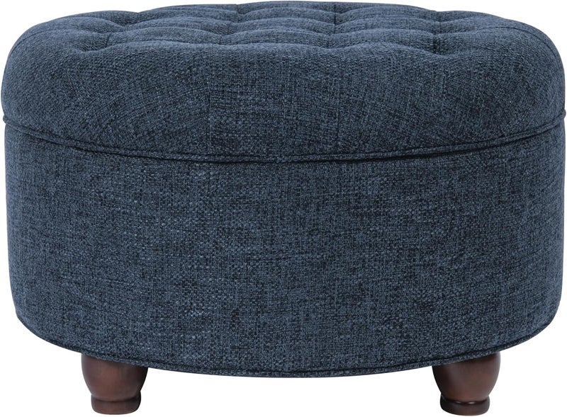 Homepop Home Decor | Large Button Tufted Woven Round Storage Ottoman | Ottoman with Storage for Living Room & Bedroom (Navy Woven) - Image 1