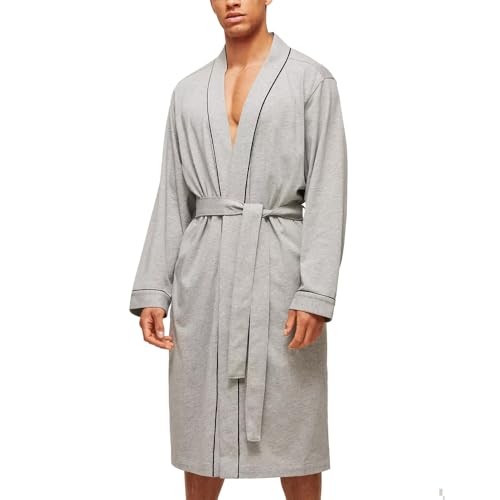 HOLOVE Men's Cotton Robes lightweight soft Knee Length Summer Knit Kimono Bathrobe For Men (Grey L/XL) - Image 1