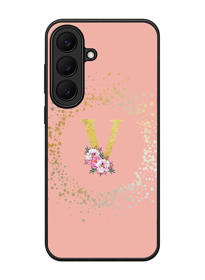 Stylizedd Rugged Case for Samsung Galaxy S26 FE- Slim Fit Hybrid Rubber Cover Floral Monogram - V (Rose Pink)