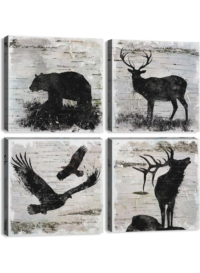sunfrower Deer Wall Art Woodland Nursery Wildlife Pictures Cabin Wall Decor Rustic Bear Moose Elk Painting Prints Canvas Mountain Animal Artwork for Bathroom Bedroom Living Room Lodge Home Decoration 12x12" 4P - Image 1