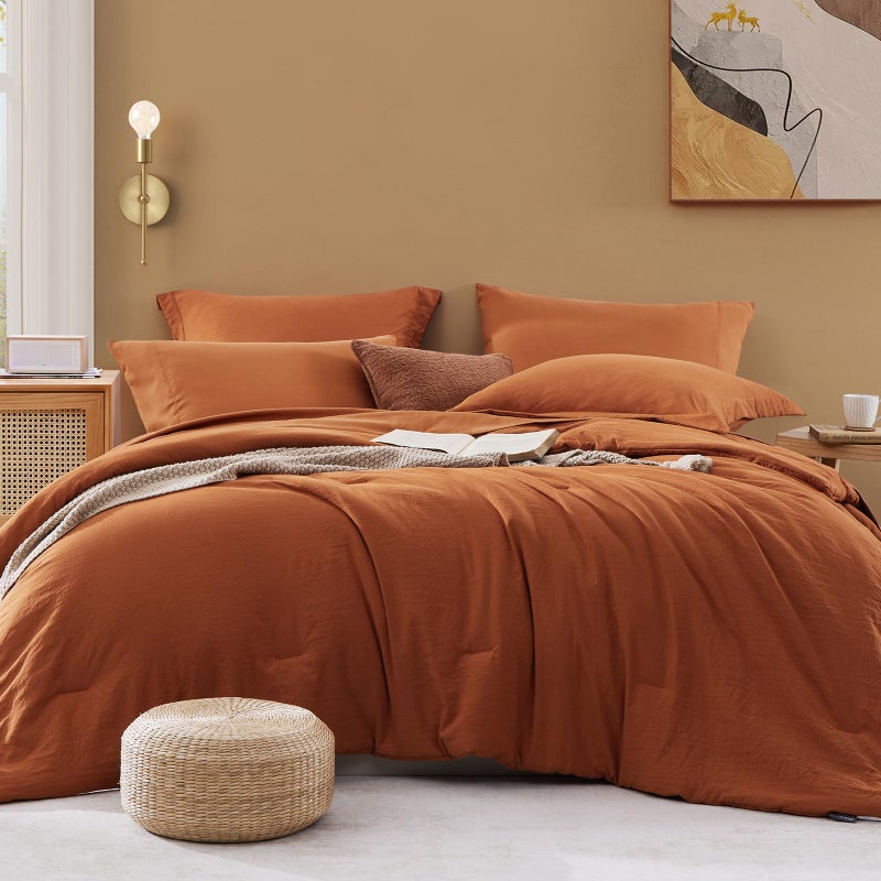 WRENSONGE Queen Comforter Set- 7 Pieces Soft Burnt Orange Bed in a Bag with Fitted Sheet, Flat Sheet, 2 Shams, and 2 Pillowcases-Warm Bed Sets Fall Comforter for All Seasons - Image 1