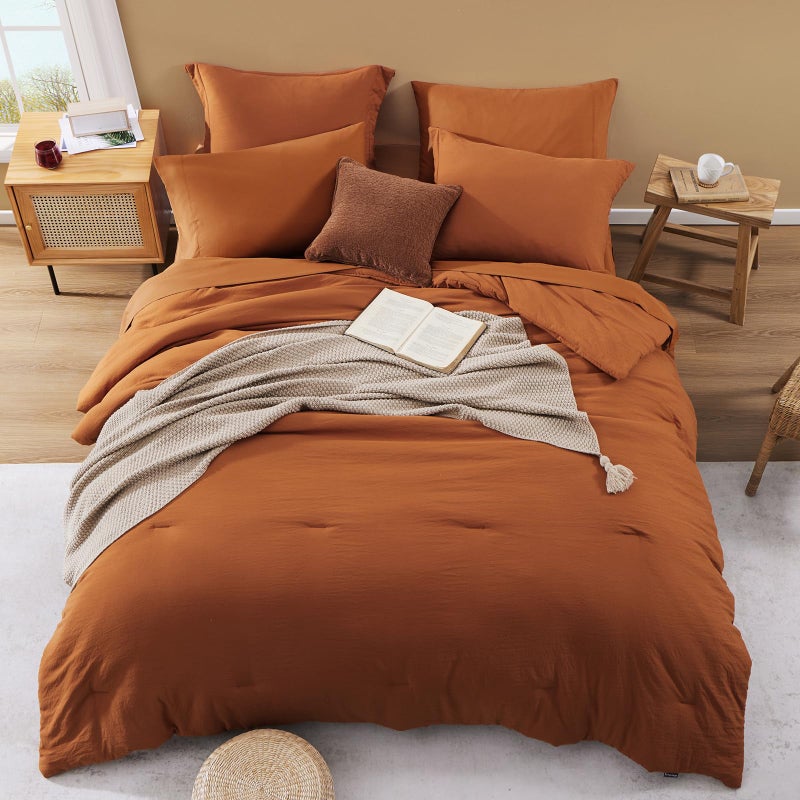 WRENSONGE Queen Comforter Set- 7 Pieces Soft Burnt Orange Bed in a Bag with Fitted Sheet, Flat Sheet, 2 Shams, and 2 Pillowcases-Warm Bed Sets Fall Comforter for All Seasons - Image 2