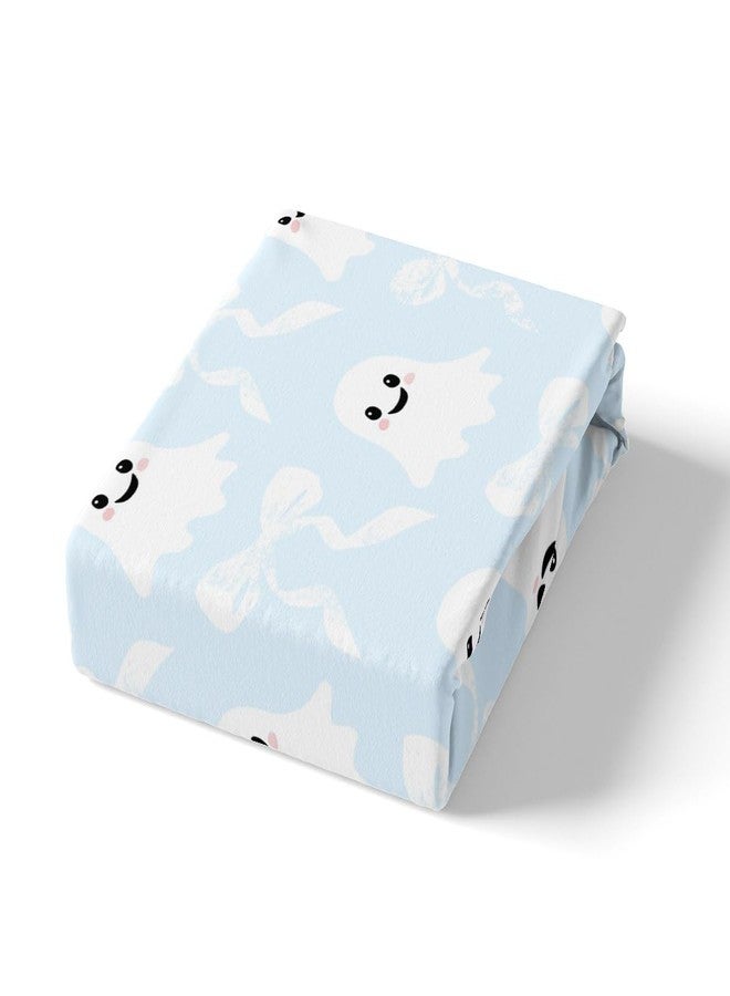 Man Fei Cartoon Ghost Fitted Sheet,Halloween Ghost Kawaii Blue White Soft Decorative Fabric Bedding Cute Bow Princess Style Bowknot Pocket Twin Size with 1 Pillowcase - Image 4