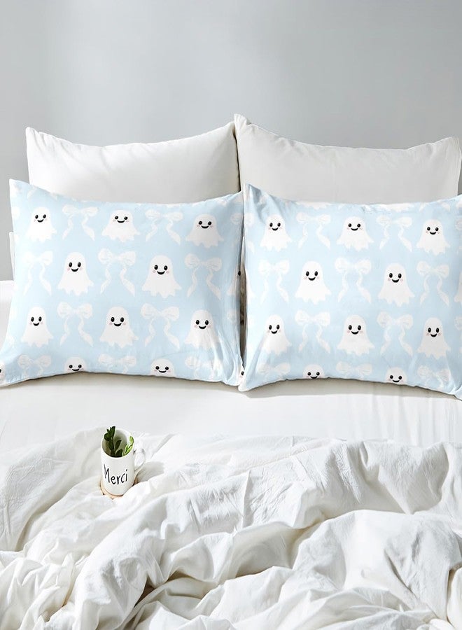 Man Fei Cartoon Ghost Fitted Sheet,Halloween Ghost Kawaii Blue White Soft Decorative Fabric Bedding Cute Bow Princess Style Bowknot Pocket Twin Size with 1 Pillowcase - Image 5