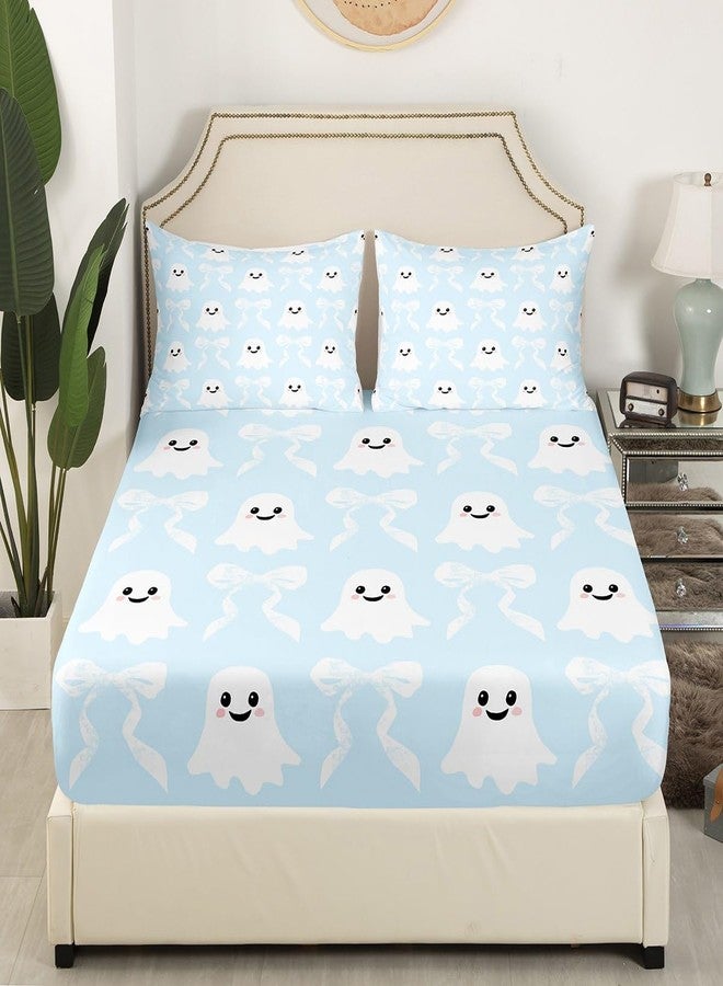 Man Fei Cartoon Ghost Fitted Sheet,Halloween Ghost Kawaii Blue White Soft Decorative Fabric Bedding Cute Bow Princess Style Bowknot Pocket Twin Size with 1 Pillowcase - Image 3