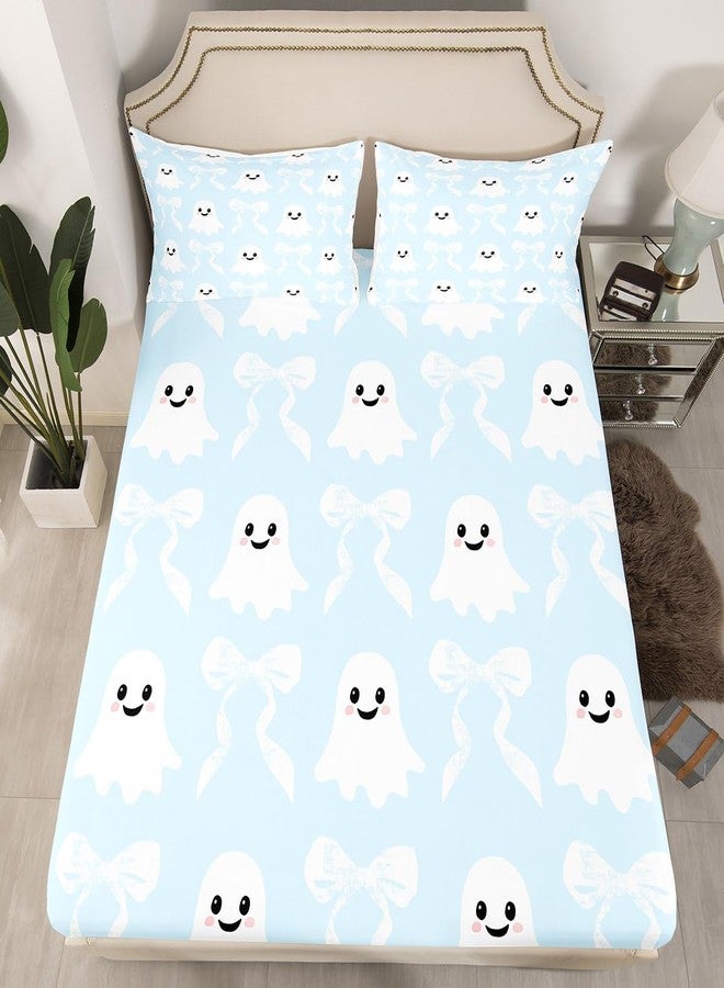 Man Fei Cartoon Ghost Fitted Sheet,Halloween Ghost Kawaii Blue White Soft Decorative Fabric Bedding Cute Bow Princess Style Bowknot Pocket Twin Size with 1 Pillowcase - Image 1