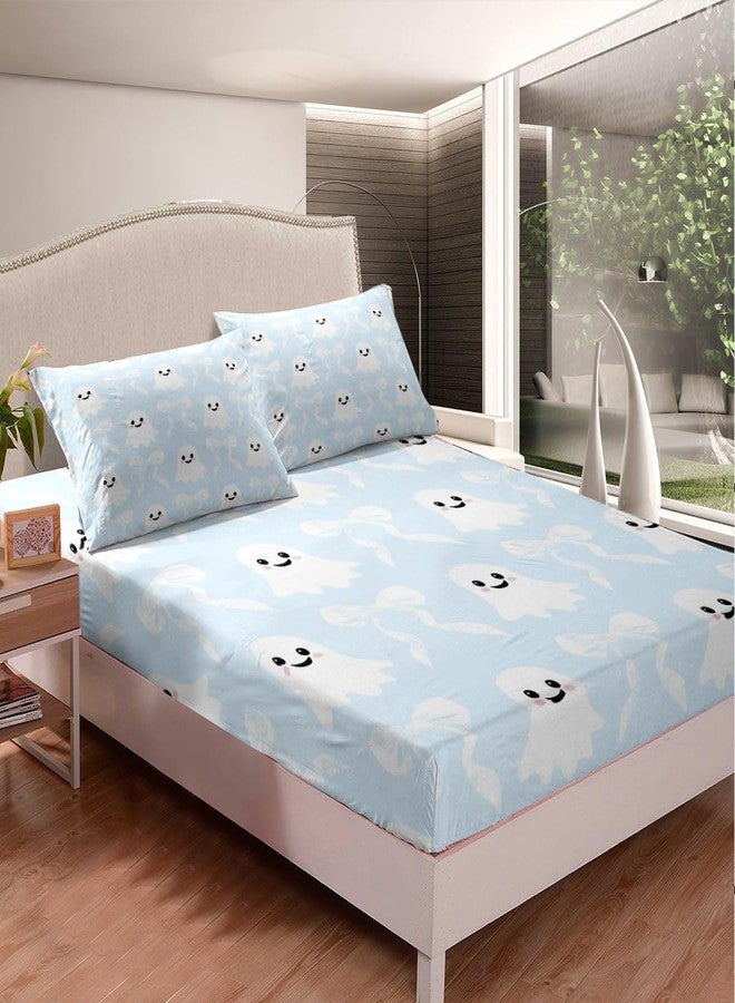 Man Fei Cartoon Ghost Fitted Sheet,Halloween Ghost Kawaii Blue White Soft Decorative Fabric Bedding Cute Bow Princess Style Bowknot Pocket Twin Size with 1 Pillowcase - Image 2