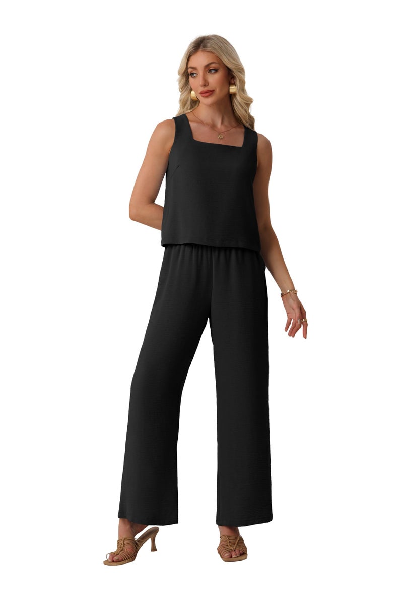 Lepunuo 2 Piece Sets for Women Summer Square Neck Sleeveless Crop Top Wide Leg Pants Matching Beach Vacation Sets - Image 5