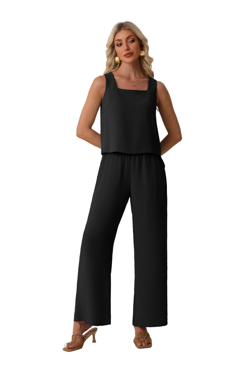 Lepunuo 2 Piece Sets for Women Summer Square Neck Sleeveless Crop Top Wide Leg Pants Matching Beach Vacation Sets - Image 4
