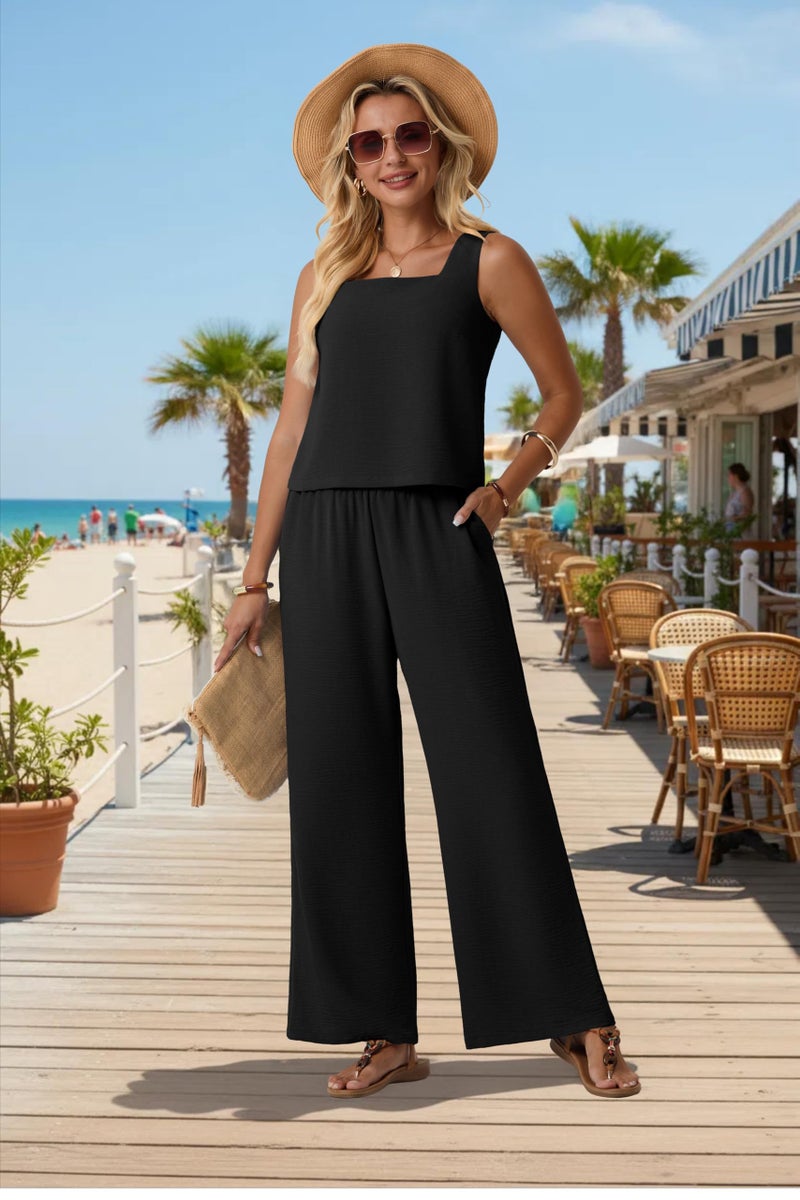 Lepunuo 2 Piece Sets for Women Summer Square Neck Sleeveless Crop Top Wide Leg Pants Matching Beach Vacation Sets - Image 2