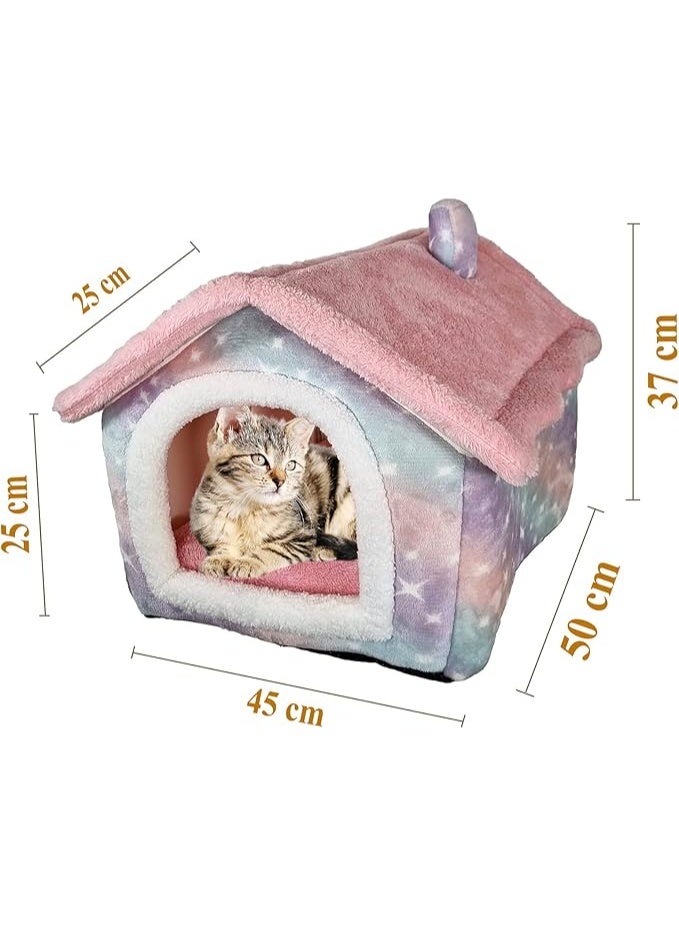 أن ان سي بيتس سرير للحيوانات الأليفة للقطط الصغيرة والمتوسطة الحجم، سرير قطط دافئ في الشتاء، وعش مريح للحيوانات الأليفة بتصميم على شكل منزل، ووسادة قابلة للإزالة، وقاعدة مضادة للانزلاق (50 سم) - Image 2