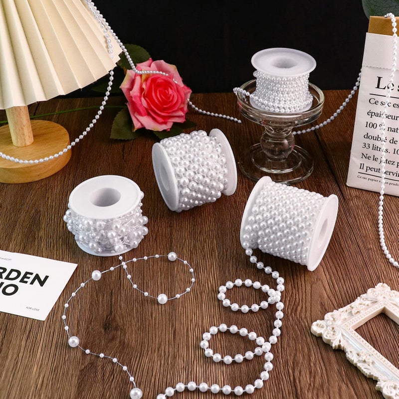 Towenm 4 Rolls 76 Feet Pearls Garland, Faux Pearl Beads Roll Strand, 4mm 6mm 8mm Artificial Pearls Chain Trim, 3-8mm Fishing line Pearls Strings for Crafts Wedding Christmas Decoration, White - Image 3