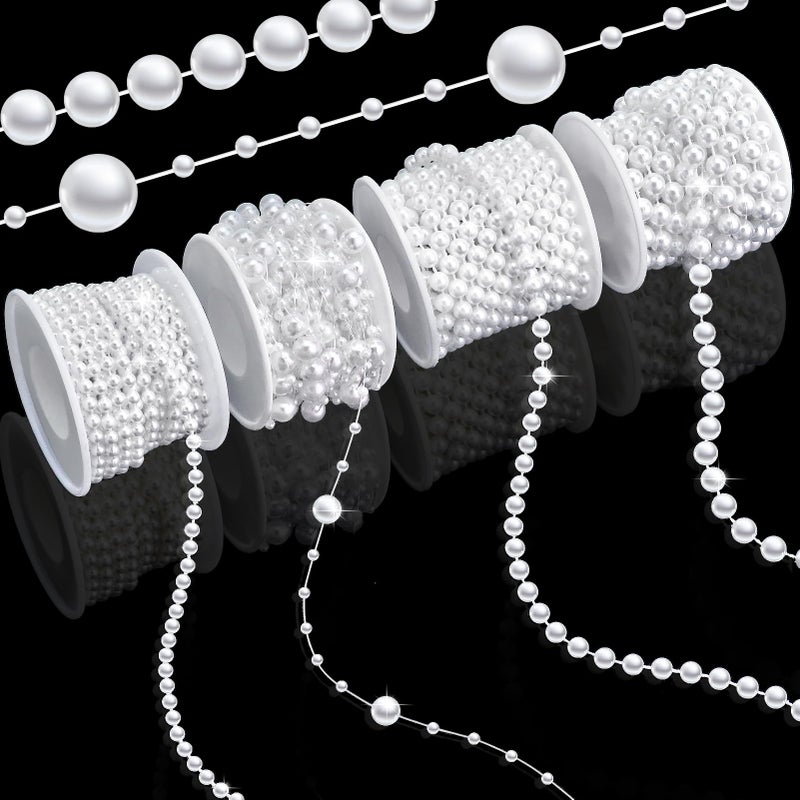 Towenm 4 Rolls 76 Feet Pearls Garland, Faux Pearl Beads Roll Strand, 4mm 6mm 8mm Artificial Pearls Chain Trim, 3-8mm Fishing line Pearls Strings for Crafts Wedding Christmas Decoration, White - Image 1
