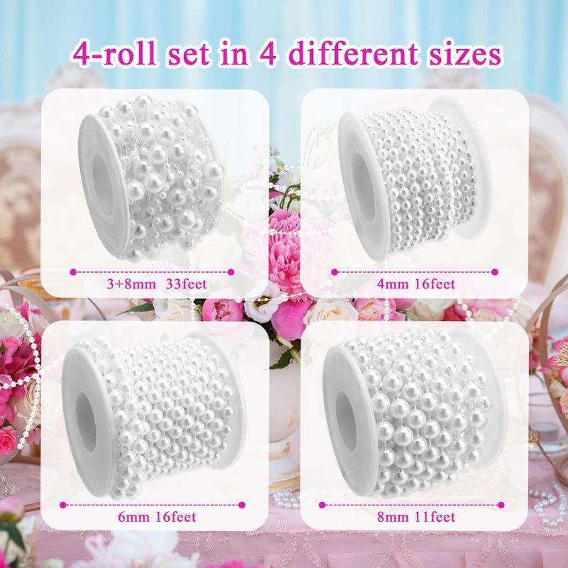 Towenm 4 Rolls 76 Feet Pearls Garland, Faux Pearl Beads Roll Strand, 4mm 6mm 8mm Artificial Pearls Chain Trim, 3-8mm Fishing line Pearls Strings for Crafts Wedding Christmas Decoration, White - Image 2