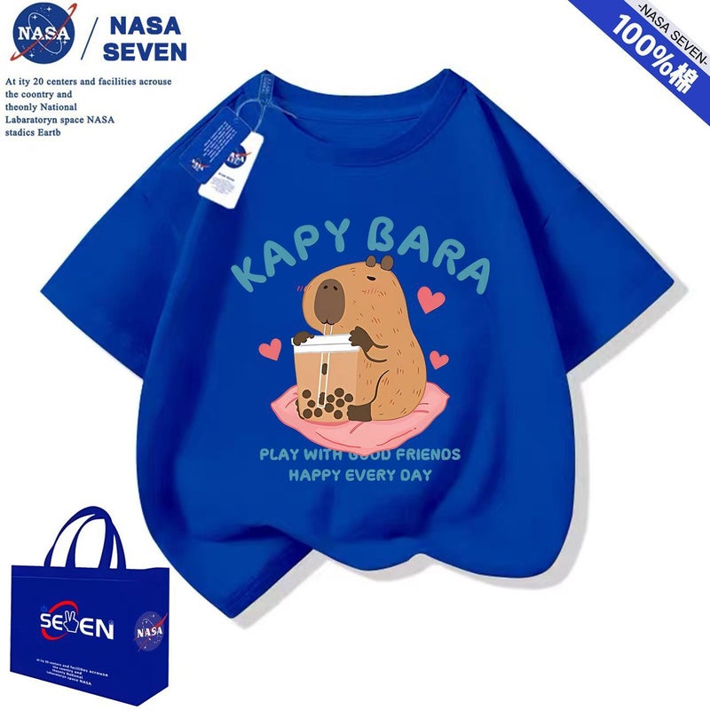 Nasa Cartoon Pure Cotton T-Shirt For Boys And Girls, Cute Kapibara Short-Sleeved Style, Medium And Large Children'S Tops - Image 4