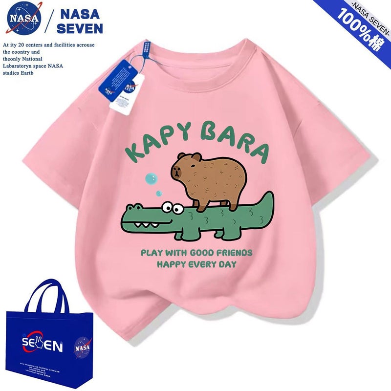 Nasa Cartoon Pure Cotton T-Shirt For Boys And Girls, Cute Kapibara Short-Sleeved Style, Medium And Large Children'S Tops - Image 1