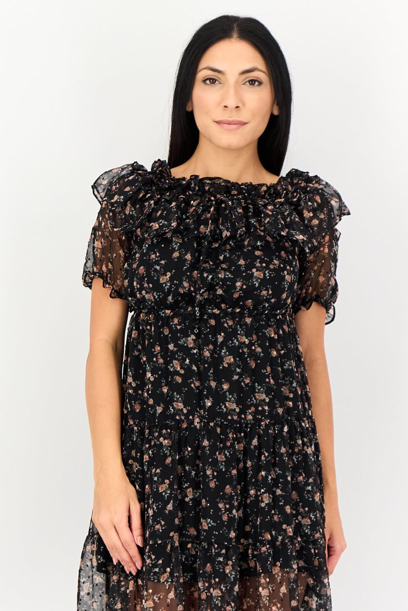 VERO MODA فستان ميدي مزخرف بالورود للنساء، متعدد الألوان - Image 2