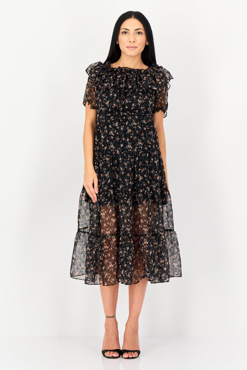 VERO MODA فستان ميدي مزخرف بالورود للنساء، متعدد الألوان - Image 1