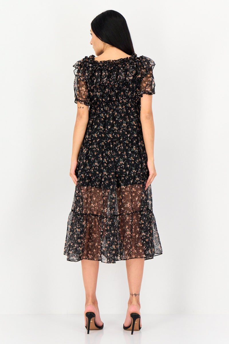 VERO MODA فستان ميدي مزخرف بالورود للنساء، متعدد الألوان - Image 4