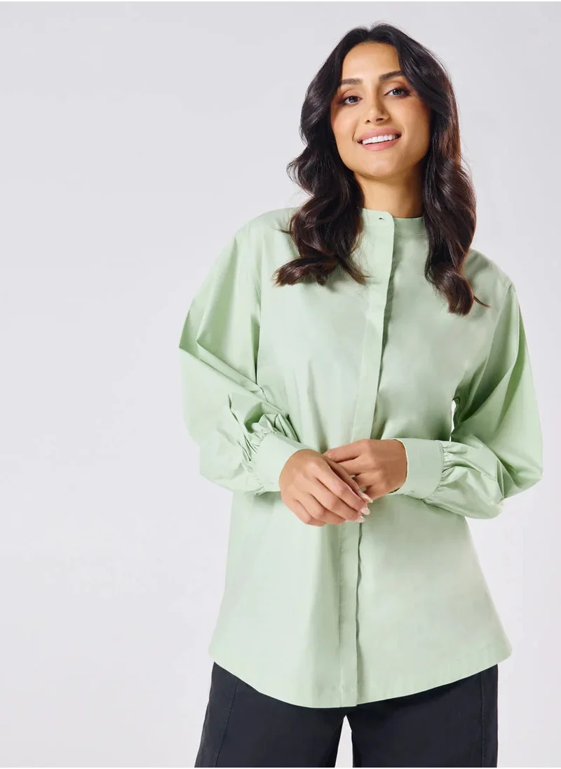 Zigzag Mandarin  Collar Cotton Oversized Shirt- Baby Green