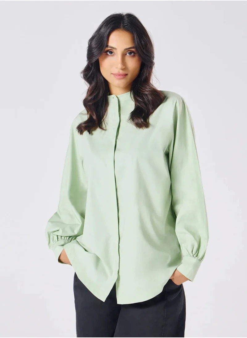 Zigzag Mandarin  Collar Cotton Oversized Shirt- Baby Green