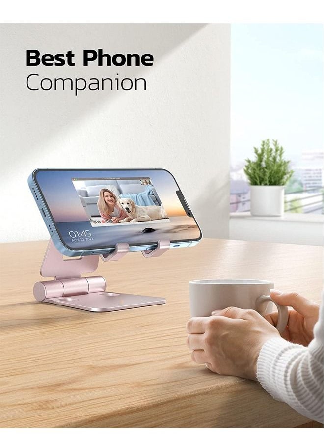 PADOM - Padom Cell Phone Stand, Fully Foldable Adjustable Desktop Phone Holder Cradle Dock Compatible with Phone 13 12 11 Pro Xs Xr X 8, Nintendo Switch Tablets (7-10") All Phones - Rose Gold - Image 1