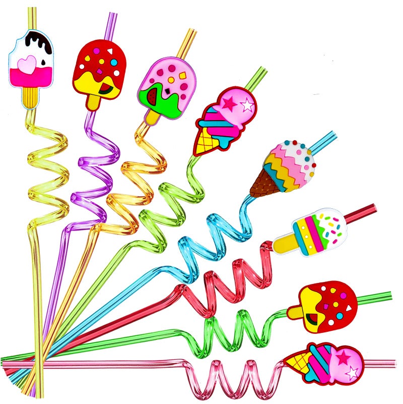 GREAWOD CrazyShapes 24 Reusable Colorful Ice Cream Straws for Parties Includes Cleaning Brushes
