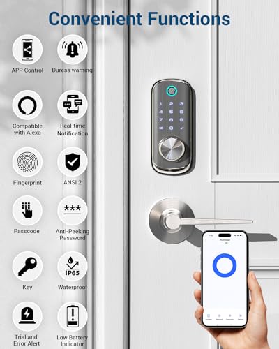 TEEHO WiFi Smart Door Lock - TEEHO Fingerprint Keyless Entry Lock for Front Door - Built in Wi-Fi Smart Deadbolt - APP Remote Control - IP65 Weatherproof - ANSI Grade 2 - Bright Nickel - Image 4