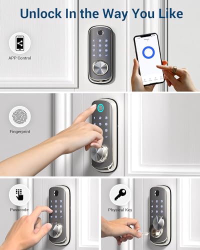 TEEHO WiFi Smart Door Lock - TEEHO Fingerprint Keyless Entry Lock for Front Door - Built in Wi-Fi Smart Deadbolt - APP Remote Control - IP65 Weatherproof - ANSI Grade 2 - Bright Nickel - Image 2