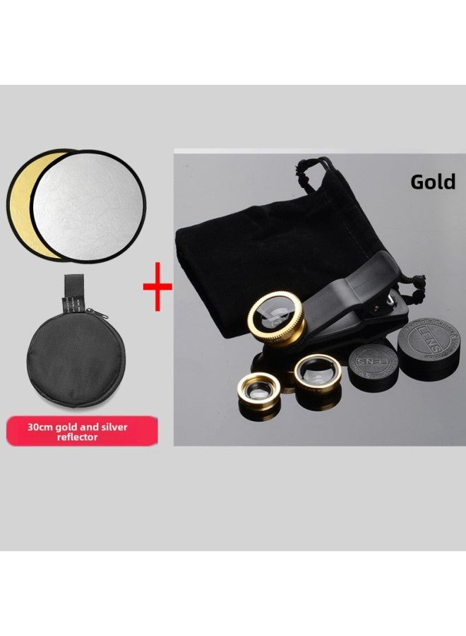 Generic SLR Grade Lens External Wide-angle Macro Fisheye Three-in-one Suit Lens Tremolo Selfie Camera-Body Color:Tuhao Golden Lens 30cm Selfie Reflector Distribution Flannel Bag Clip  - Image 1