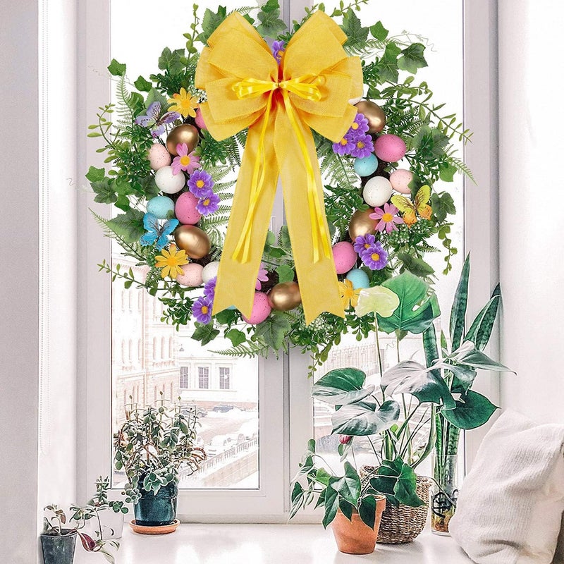 Hongsome 2 Pcs Large Yellow Easter Wreath Bow Decor, Classic Glitter String & Burlap Ribbon, Spring/Summer/Autumn/Winter Tree Topper Bows - Image 5