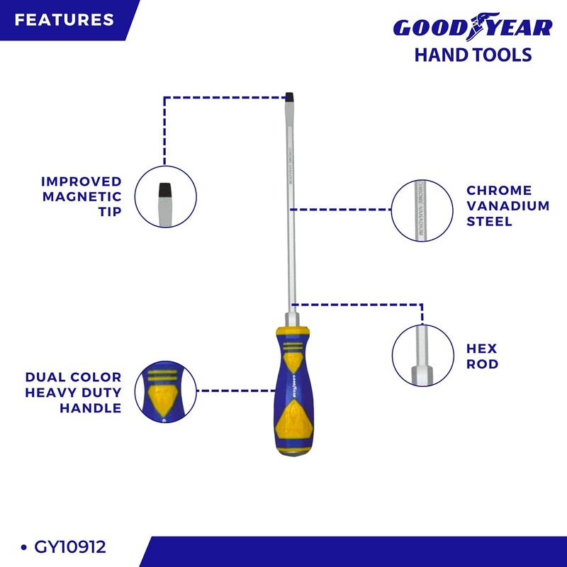 Good Year مفك براغي ضاغط برأس مشقوق، طرف مغناطيسي، كروم فاندوم (150 مم × 6 مم، فضي) - Image 3