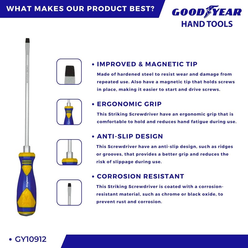 Good Year مفك براغي ضاغط برأس مشقوق، طرف مغناطيسي، كروم فاندوم (150 مم × 6 مم، فضي) - Image 5