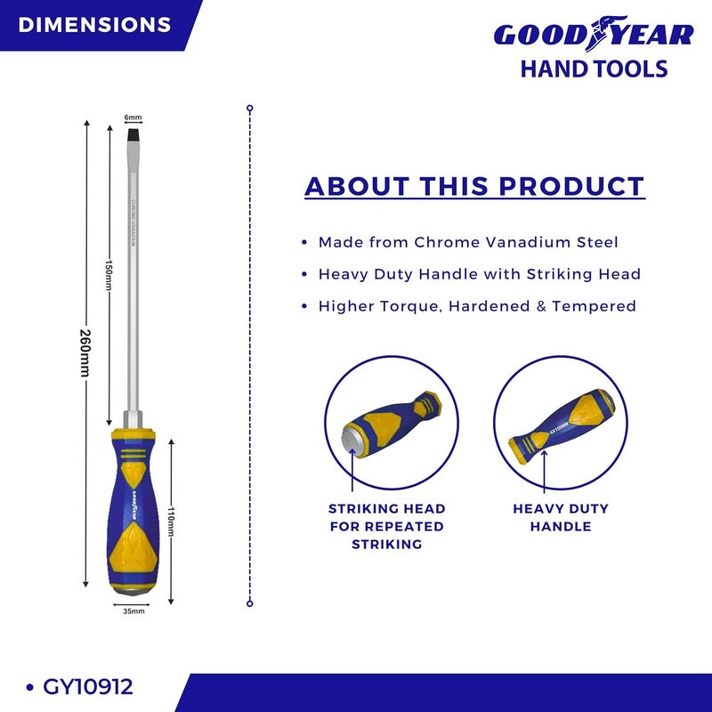 Good Year مفك براغي ضاغط برأس مشقوق، طرف مغناطيسي، كروم فاندوم (150 مم × 6 مم، فضي) - Image 4