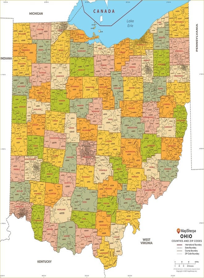 MapSherpa Ohio ZIP Code Map with Counties - Standard - 36" x 36" Laminated - Image 1